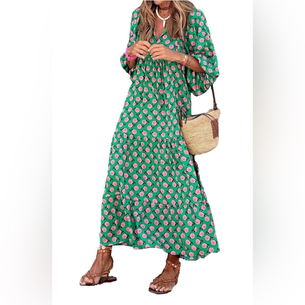 Green and Pink Floral Maxi Dress